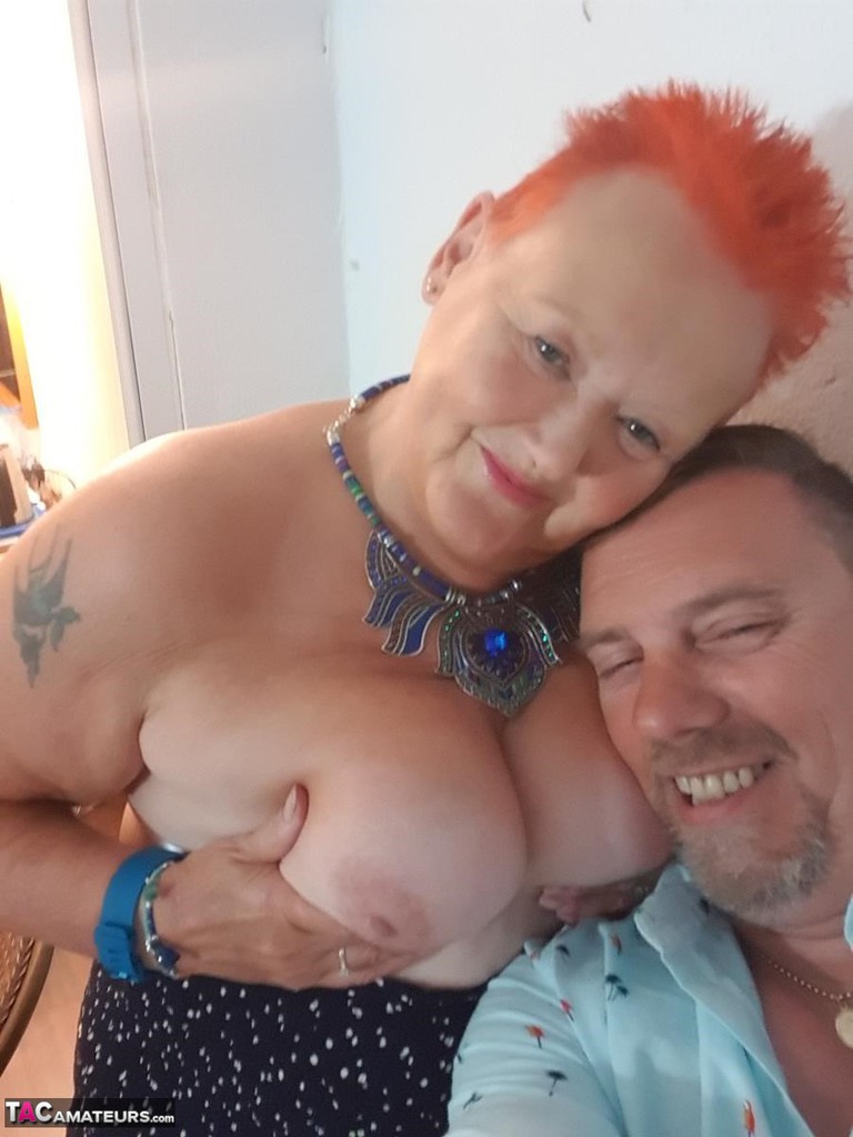 Old SSBBW Val Gasmic dyes her hair red before exposing herself on the beach