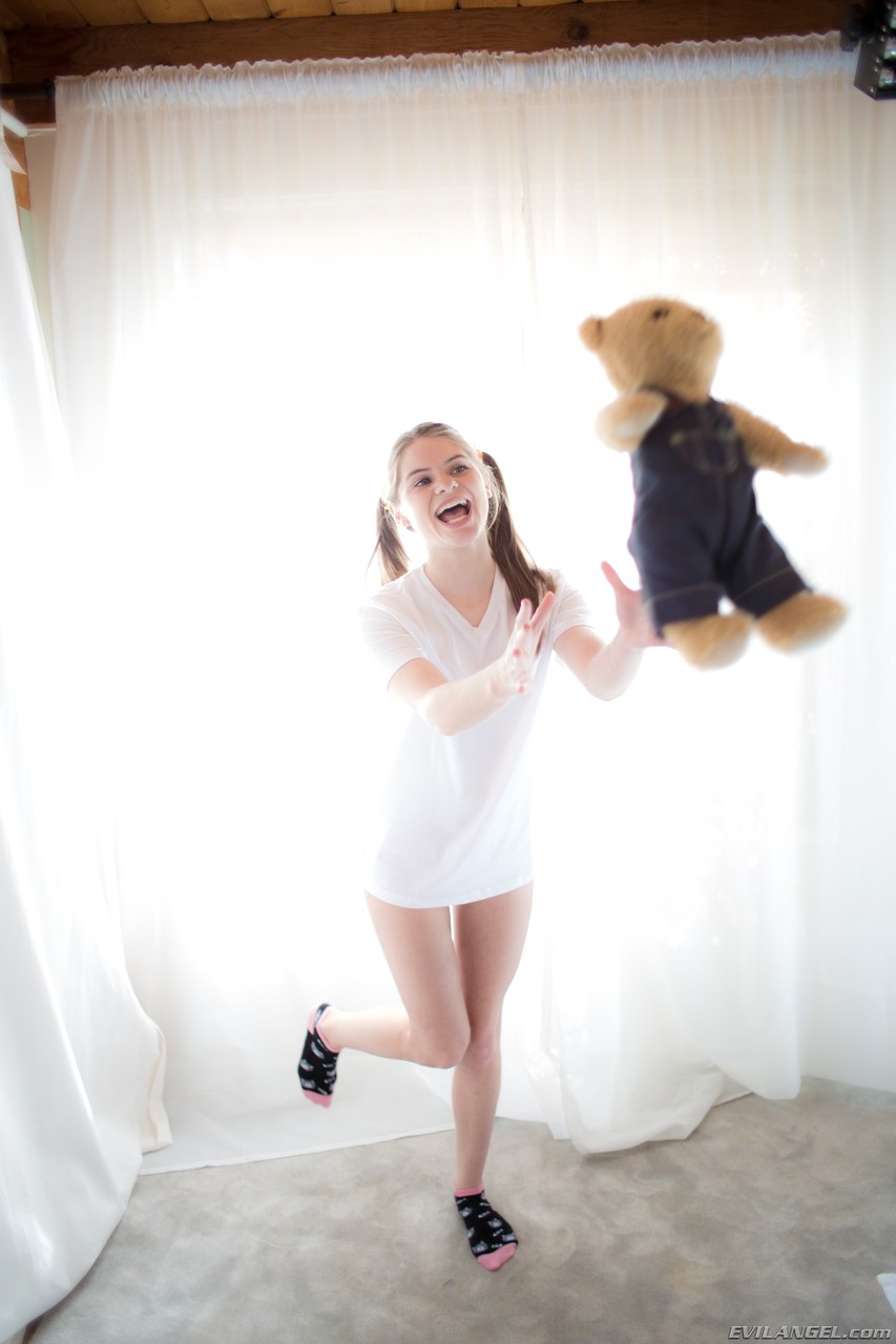 Young cutie Alice March shows off her bitty parts in socks with Teddy in hand