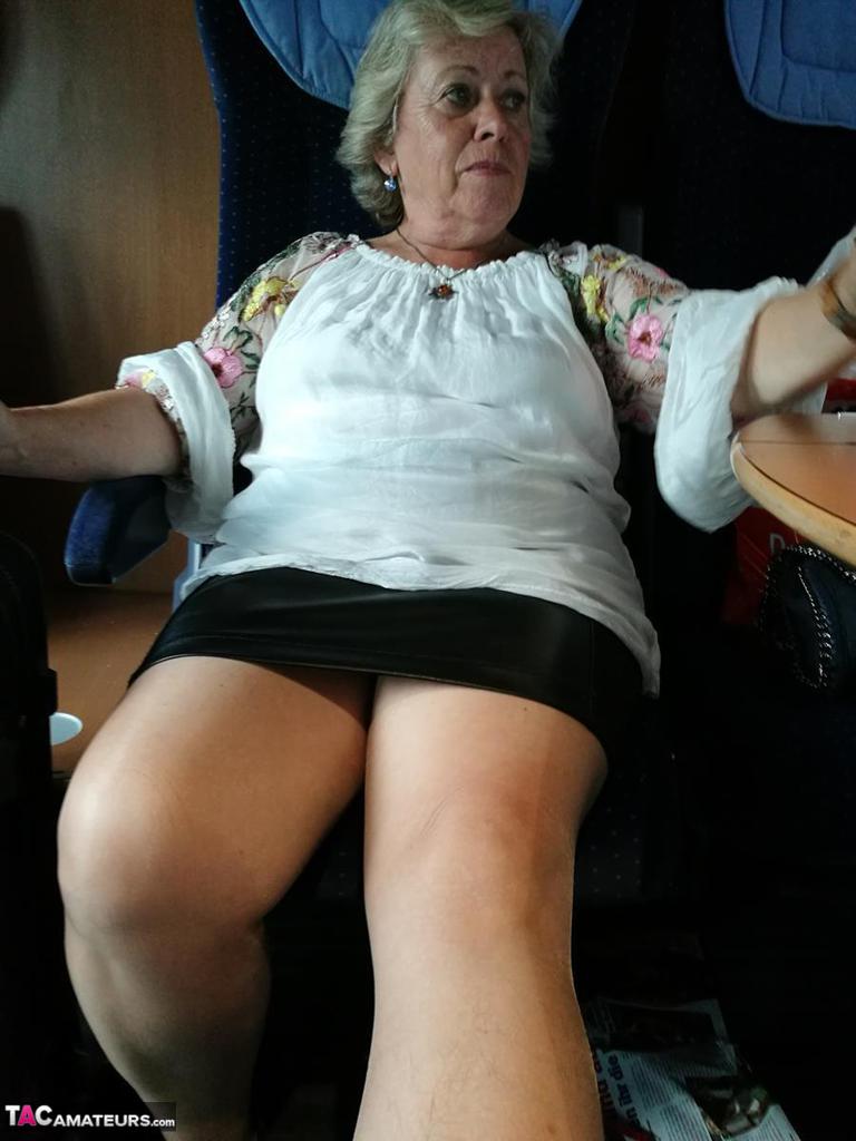 Far grandmother Caro flashes pubic hairs that escape her upskirt underwear