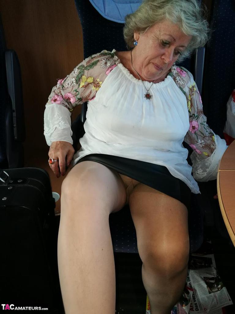 Far grandmother Caro flashes pubic hairs that escape her upskirt underwear