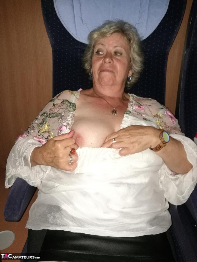 Far grandmother Caro flashes pubic hairs that escape her upskirt underwear