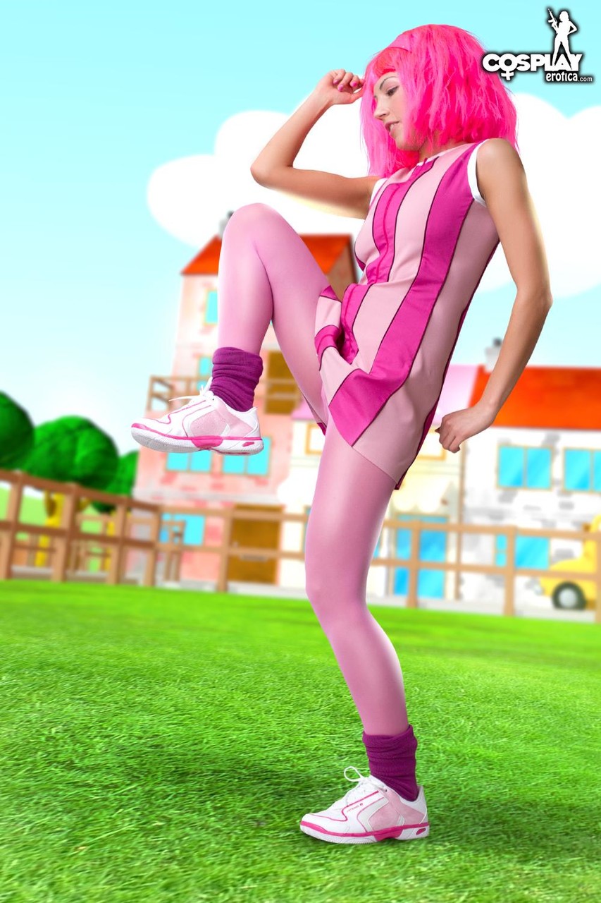 Adorable girl with pink hair Lazy Town exposes her nice body on a lawn