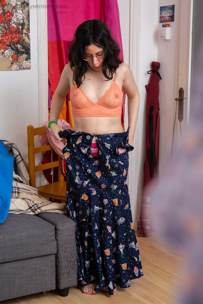 Australian nerd Irene A puts pink panties & a summer dress on her natural body