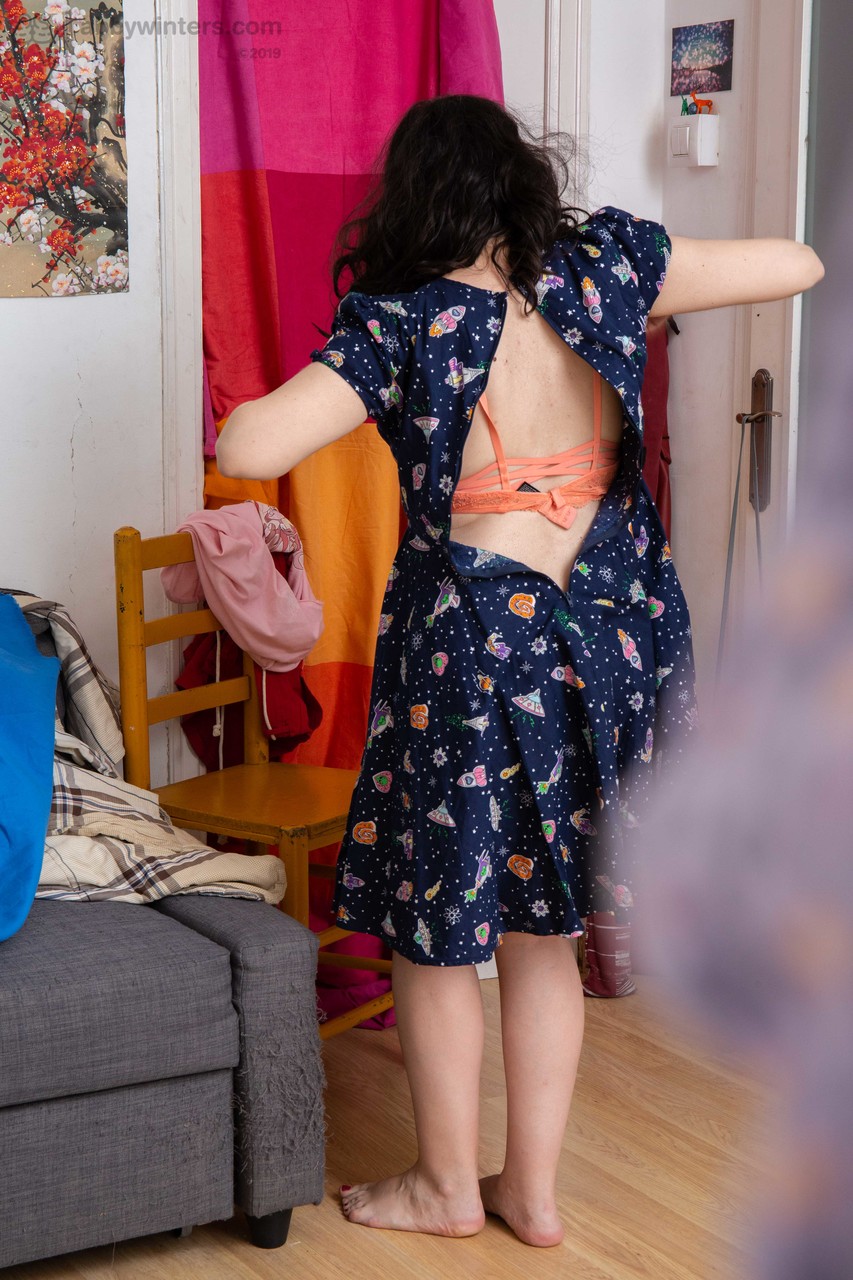 Australian nerd Irene A puts pink panties & a summer dress on her natural body