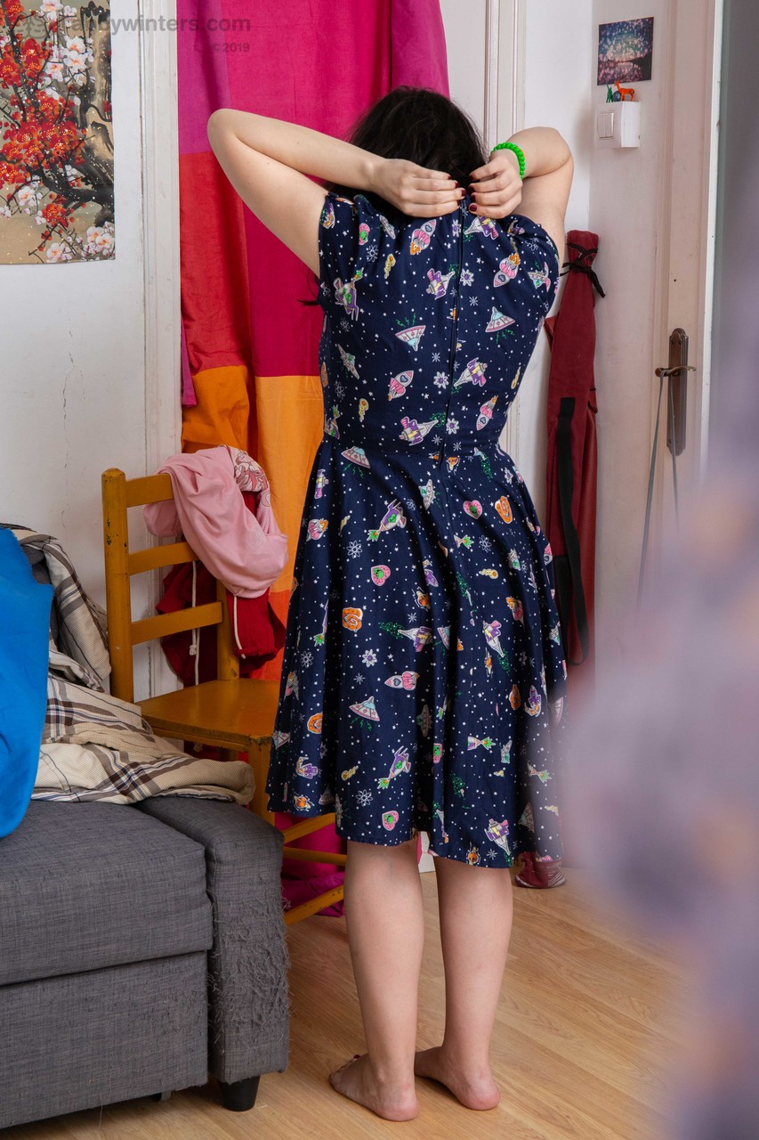 Australian nerd Irene A puts pink panties & a summer dress on her natural body