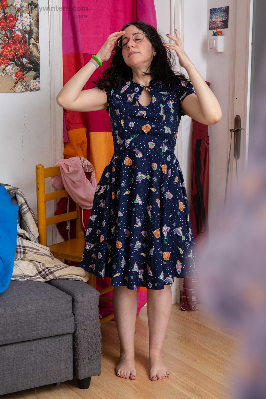 Australian nerd Irene A puts pink panties & a summer dress on her natural body